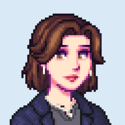 The image is an avatar of Nina. The avatar has brown hair that is roughly shoulder length. The figure has white earrings and is wearing a navy blazer with a grey dress shirt. The background is light blue.