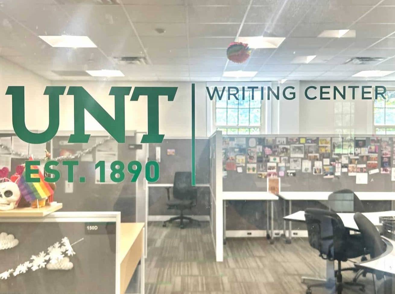 An image of the front door of the UNT Writing Center in Sage Hall 150