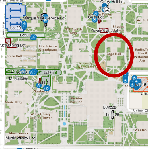 A campus map photo with Sage Hall circled