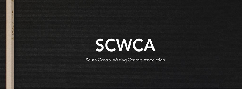 the image is a black rectangle, horizontally oriented. White text in the middle of the black rectangle is the acronym SCWCA in all-caps, and below the acronym are the words, "South Central Writing Center Association"