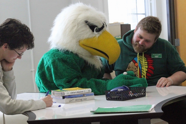 Scrappy The Eagle helps out in the Writing Lab